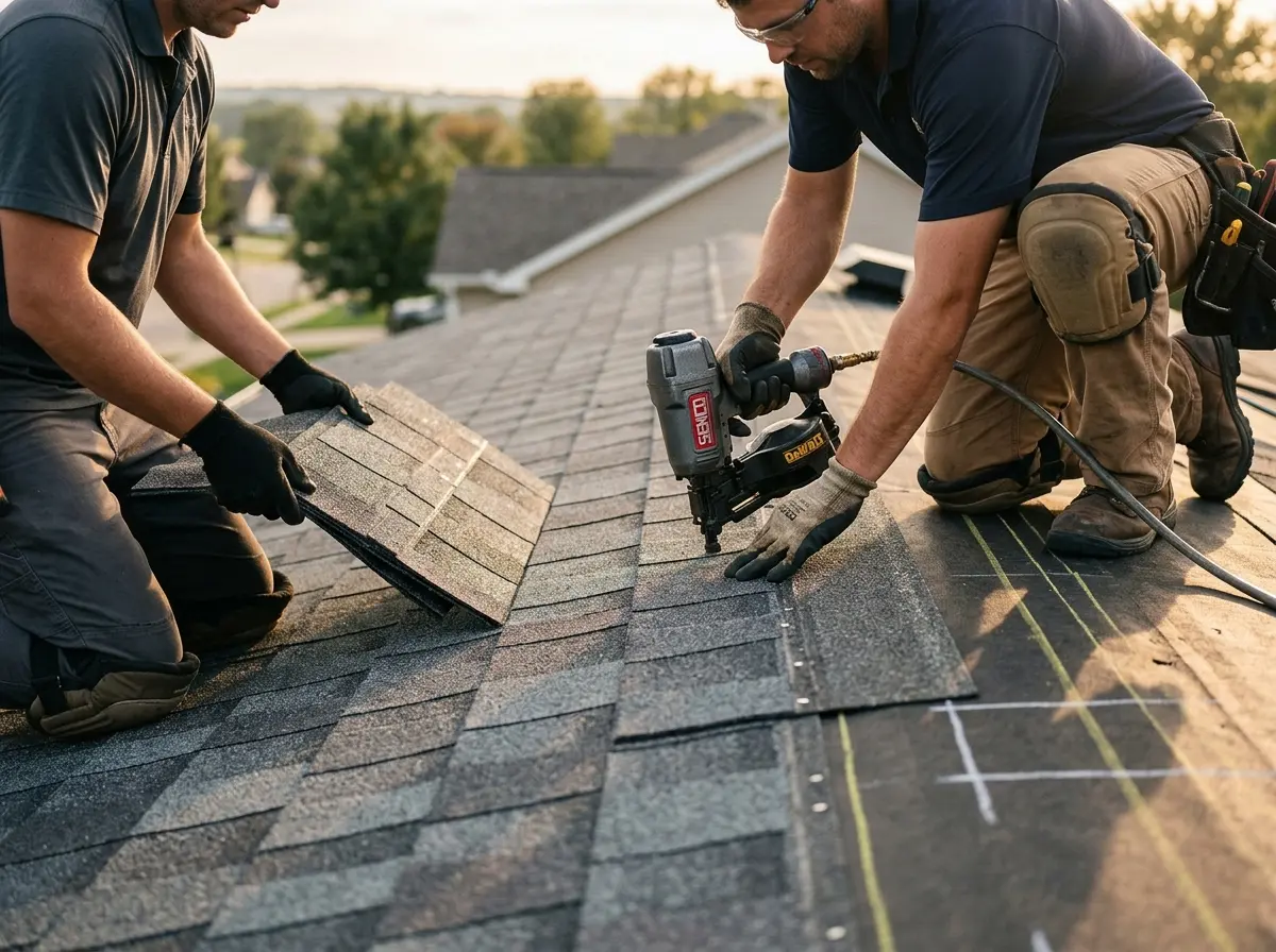 Professional roofer working on a residential roof in Charter Oak